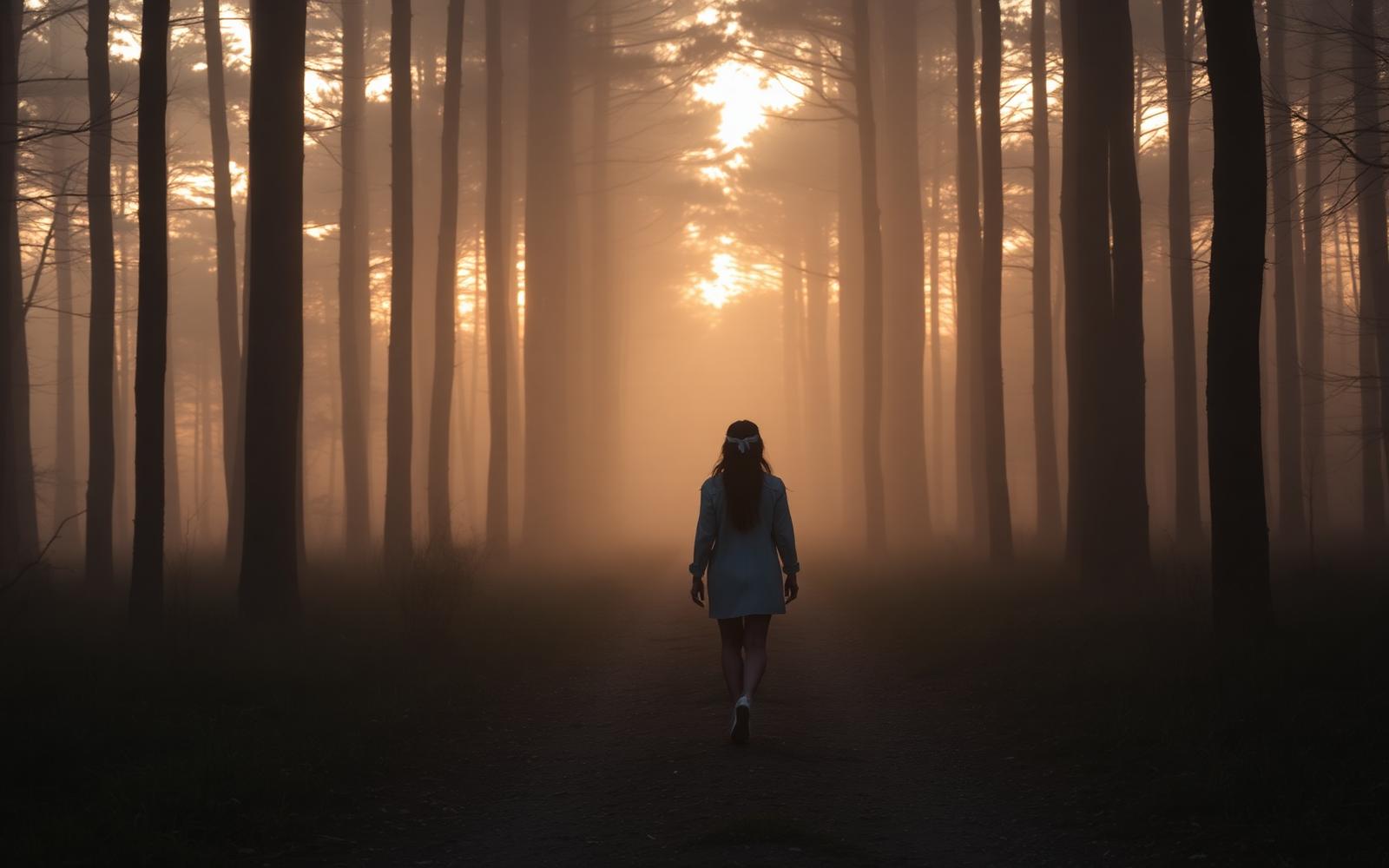 A woman walking a misty forest path at sunrise